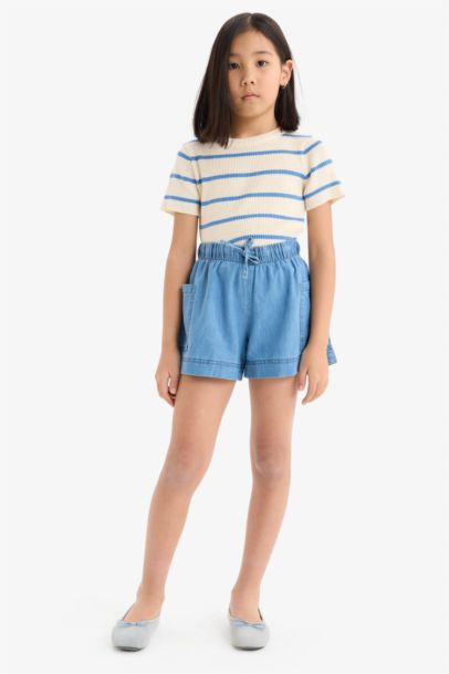 Cropped Fit Bisiklet Yaka Çizgili Kısa Kollu Triko Kazak Kız Çocuk