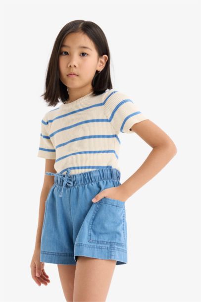 Cropped Fit Bisiklet Yaka Çizgili Kısa Kollu Triko Kazak Kız Çocuk