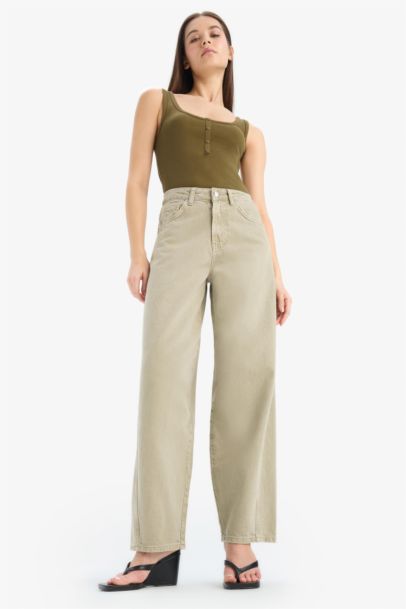 Baggy Fit Normal Waist Gabardine Washed Trousers