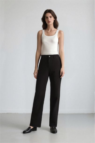 Straight Fit Gabardine High Waist Trousers