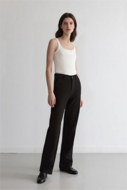 Straight Fit Gabardine High Waist Trousers