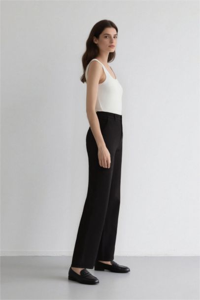 Straight Fit Gabardine High Waist Trousers