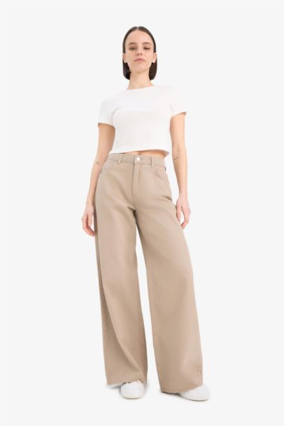 Wide Leg Normal Waist Standard Length Gabardine Trousers