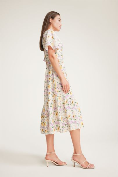 V Neck Patterned Short Sleeve Midi Dress