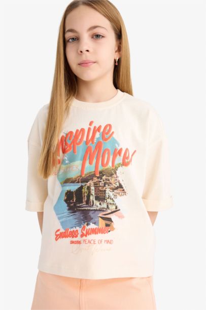 تيشيرت نص كم بطبعة شعار اوفر سايز برقبة مستديرة