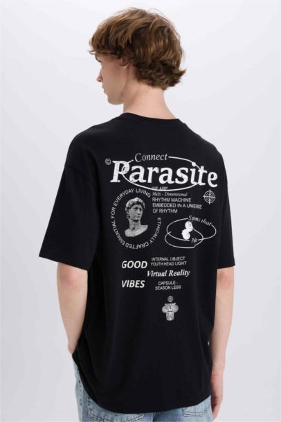 تيشيرت قطن أوفر سايز مطبوع برقبة مستديرة