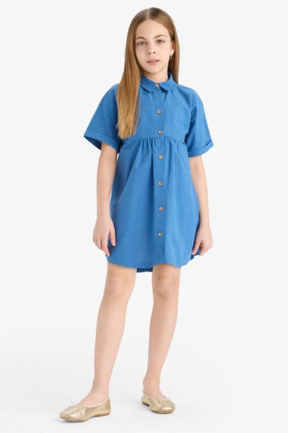 Girl Shirt Collar Cotton Short Sleeve Dress