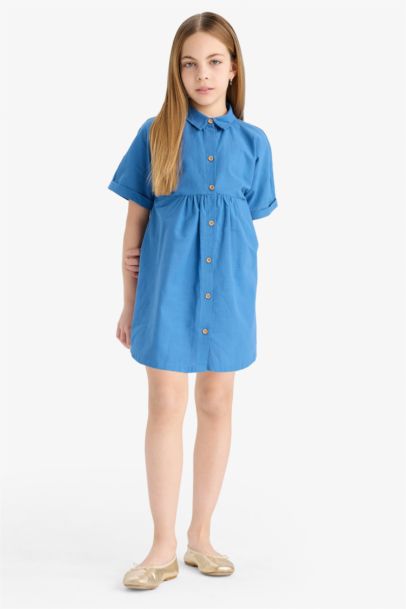 Girl Shirt Collar Cotton Short Sleeve Dress