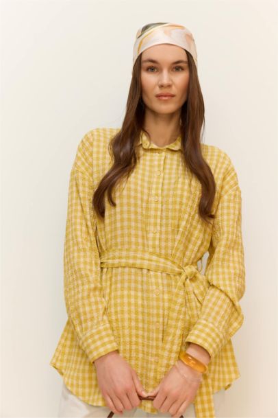 Relax Fit Gingham Seersucker Textured Long Sleeve Tunic