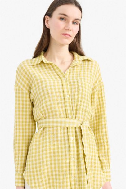 Relax Fit Gingham Seersucker Textured Long Sleeve Tunic