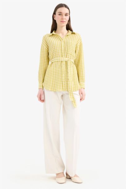 Relax Fit Gingham Seersucker Textured Long Sleeve Tunic