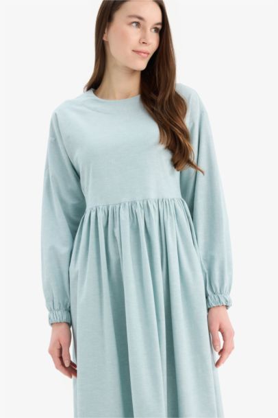 Crew Neck Linen Blend Long Sleeve Dress