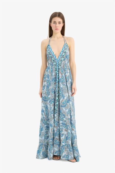 Regular Fit Etnik Desenli Boyundan Bağlamalı Maxi Plaj Elbisesi