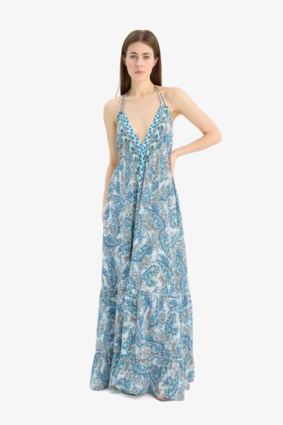 Regular Fit Etnik Desenli Boyundan Bağlamalı Maxi Plaj Elbisesi