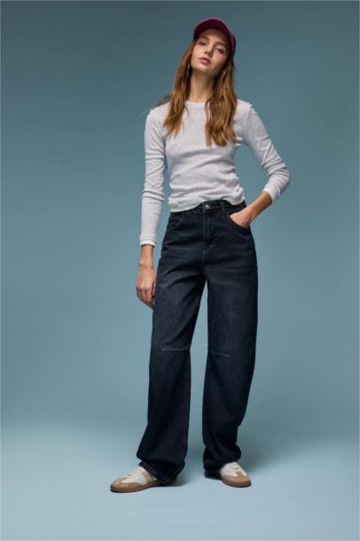 بنطلون جينز باجي فيت طويل بخصر عالي