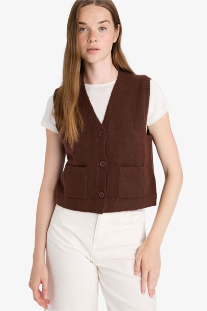Gilet en maille Col V à boutons et poches Coupe régulière