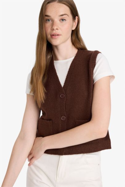 Gilet en maille Col V à boutons et poches Coupe régulière