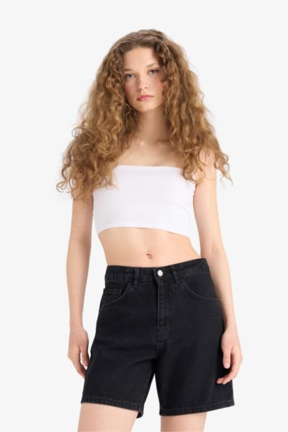 High Waist Denim Bermuda Shorts