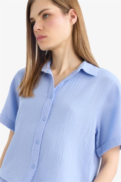 Regular Fit Shirt Collar Muslin Short Sleeve Shirt
