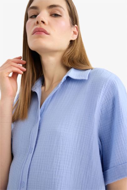 Regular Fit Shirt Collar Muslin Short Sleeve Shirt