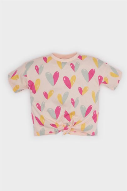 Girl Crew Neck Heart Patterned Short Sleeve T-Shirt