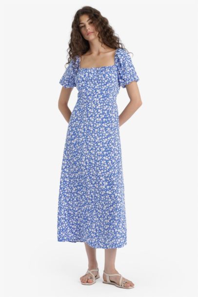 Square Collar Floral Midi Dress