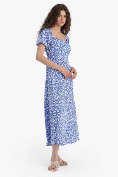 Square Collar Floral Midi Dress