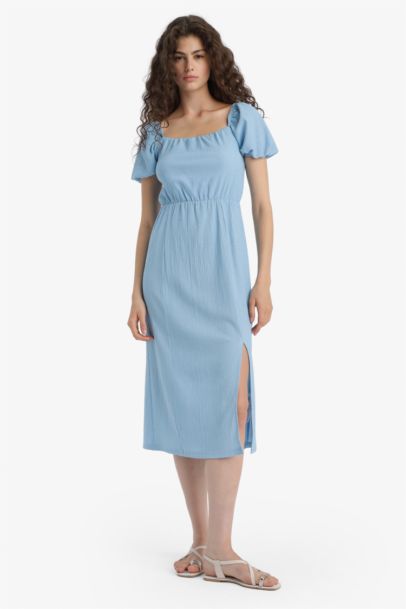 Square Collar Crepe Short Sleeve Midi Dress