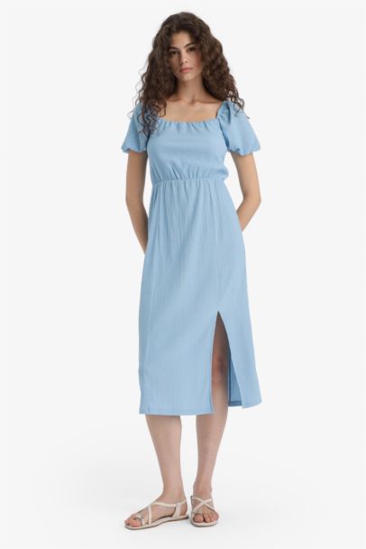 Square Collar Crepe Short Sleeve Midi Dress