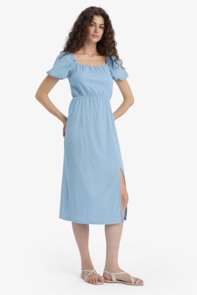 Square Collar Crepe Short Sleeve Midi Dress