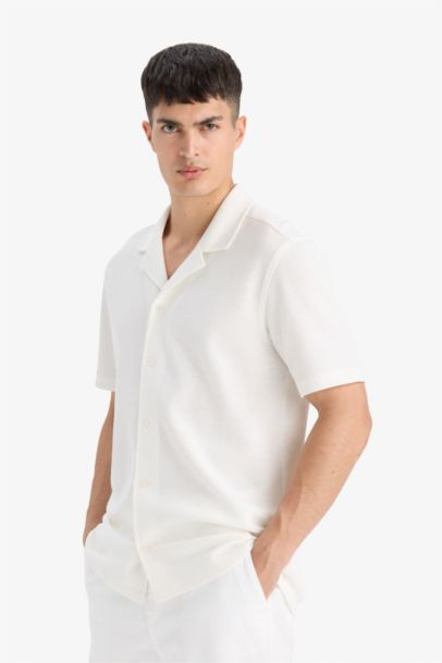 قميص بولو وافل قطن نص ردن قصة عادية 