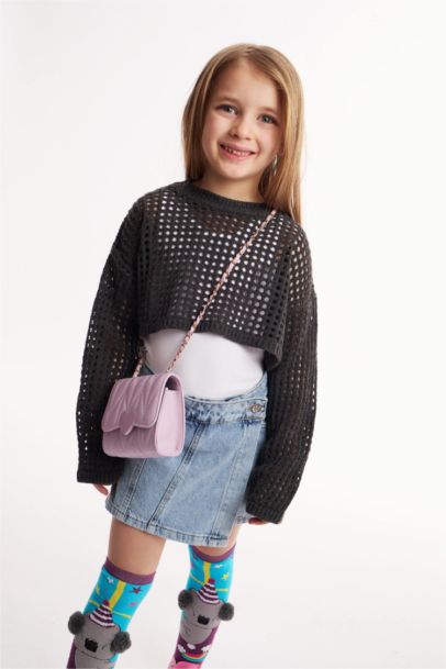 Girl Crew Neck Openwork Crop Pullover