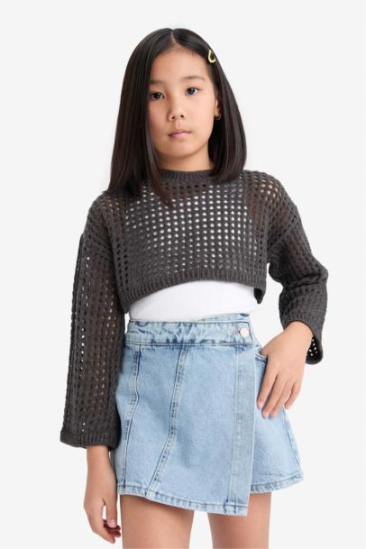 Girl Crew Neck Openwork Crop Pullover