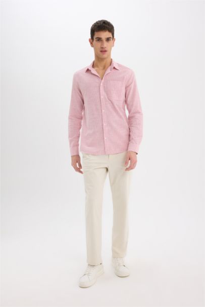 %100 Pamuk Modern Fit Polo Yaka Çizgili Uzun Kollu Gömlek