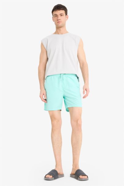 Regular Fit Kısa Boy Cepli File Astarlı Beli Bağcıklı Düz Hafif Kumaş Deniz Şortu