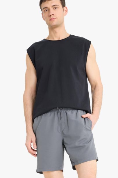 Regular Fit Kısa Boy Cepli File Astarlı Beli Bağcıklı Düz Hafif Kumaş Deniz Şortu