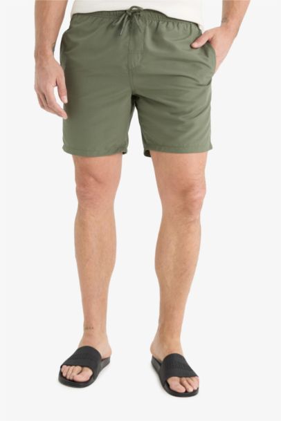 Regular Fit Kısa Boy Cepli File Astarlı Beli Bağcıklı Düz Hafif Kumaş Deniz Şortu