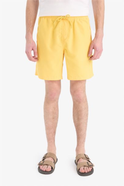 Regular Fit Kısa Boy Cepli File Astarlı Beli Bağcıklı Düz Hafif Kumaş Deniz Şortu