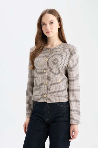 Crew Neck Geometric Patterned Blazer Jacket