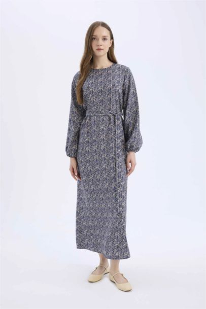 Regular Fit Crew Neck Patterned Belted Maxi Dress