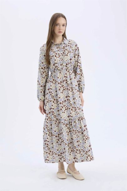 Robe maxi imprimée à col chemise, manches longues