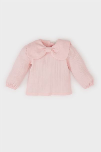 قميص بنات كم طويل من موسلين بقصة عادية