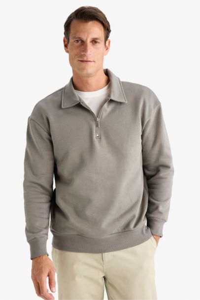 Relax Fit Polo Yaka Fermuarlı Basic Düz Kalın Sweatshirt