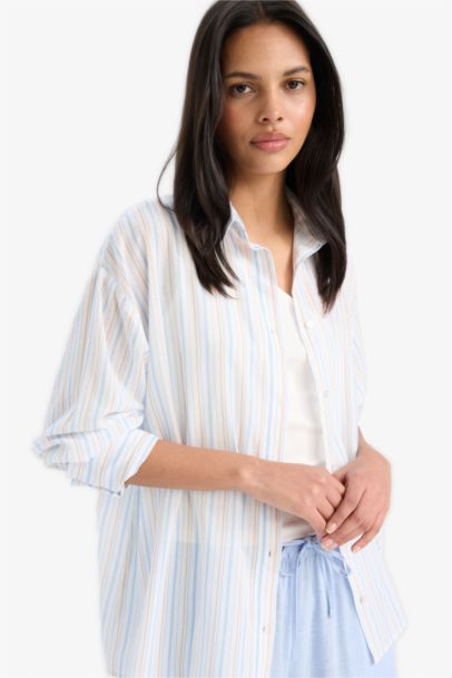 Oversize Fit Shirt Collar Voile Striped Shirt