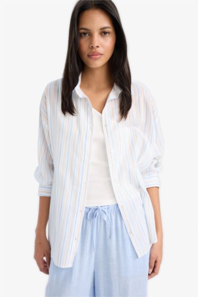 Oversize Fit Shirt Collar Voile Striped Shirt