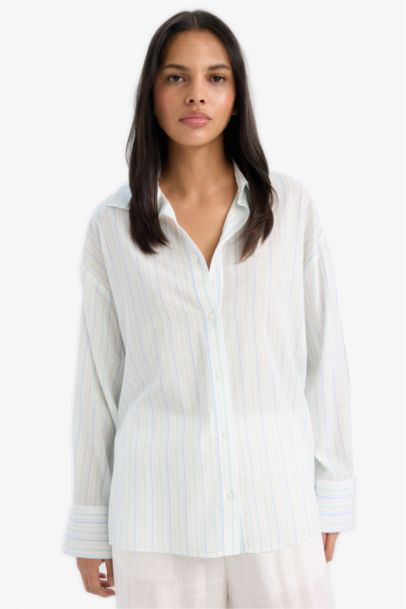 Oversize Fit Shirt Collar Voile Striped Shirt