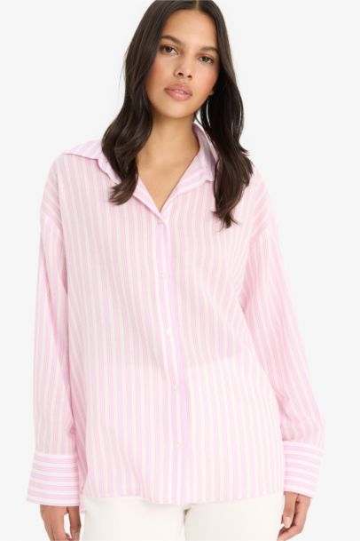 Oversize Fit Shirt Collar Voile Striped Long Sleeve Shirt