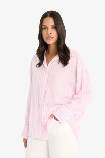 Oversize Fit Shirt Collar Voile Striped Long Sleeve Shirt