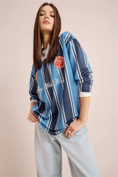 Oversize Geniş Kalıp Polo Yaka Baskılı Forma Kumaşı Uzun Kollu Tişört