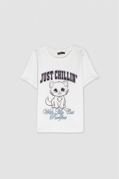 تيشيرت نص كم قصة عادية مطبوع برقبة مستديرة